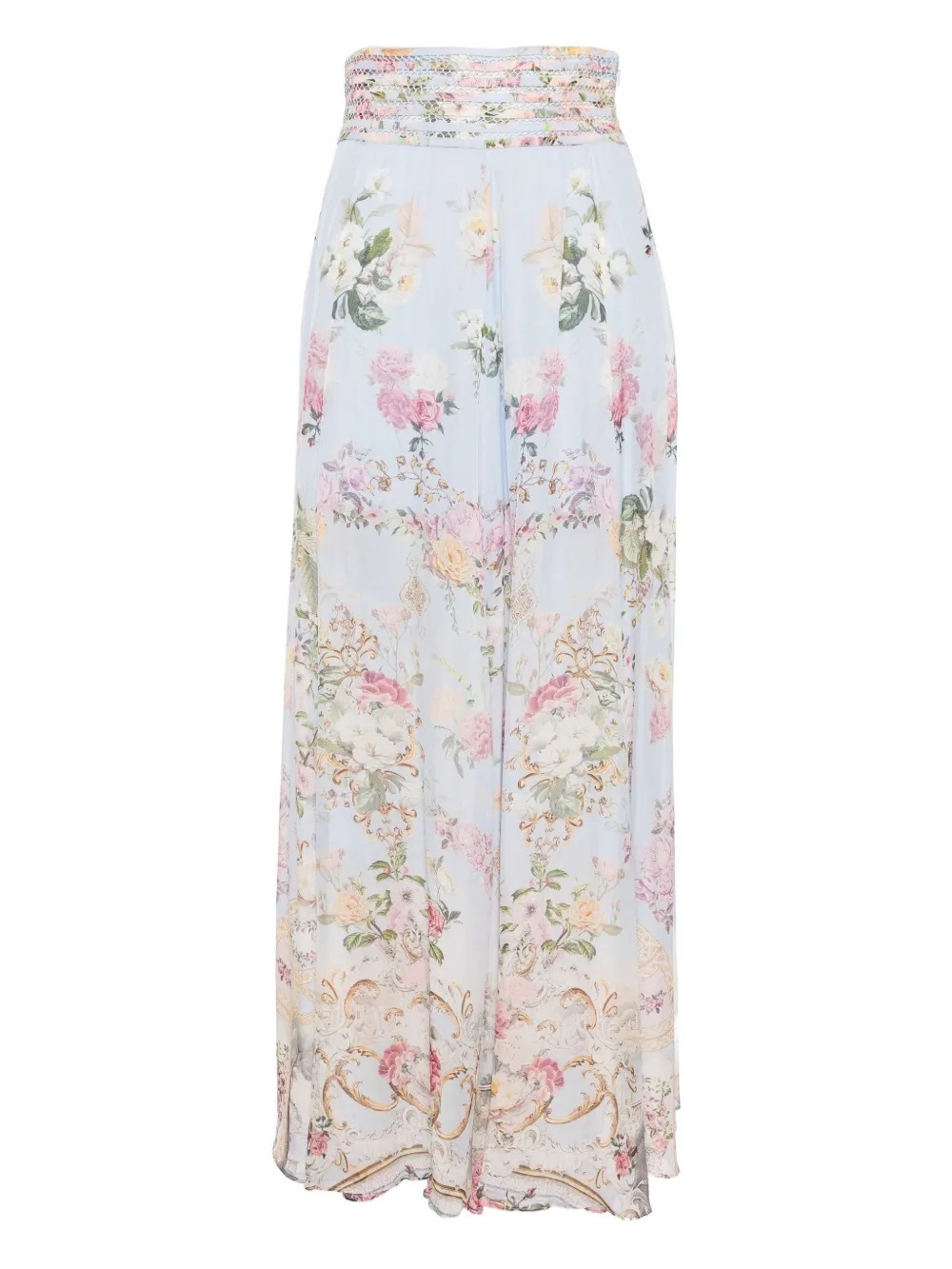 CAMILLA Tiled In Time Waisted Wide Leg Pants 100% Silk Floral Blue Medium